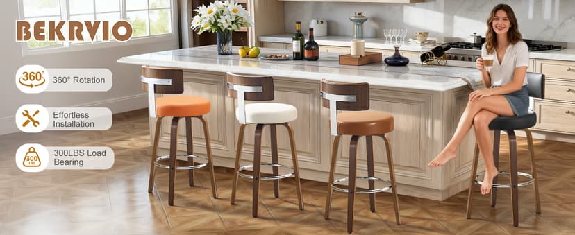 Bekrvio Swivel Counter Height Bar Stools Set of 3, Faux Leather Kitchen Stools Upholstered Barstools with Back, Walnut Wood Legs, Mid Century Island Chairs Counter Stools, 26" Seat Height, White