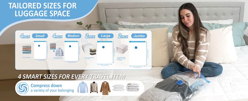 12 Pack Travel Vacuum Storage Bags with Rechargeable Wireless Electric Pump for Luggage, Suitcase, Carry-on Size Vacuum Seal Compression Space Saver Bags for Clothes and Clothing Travel