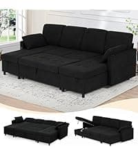 Lesofair 84" L-Shape Pull Out Sofa Bed with Adjustable Backrest, Upholstered Sectional Sleeper Sofa with Storage Chaise, Suede Leather Reversible Couch Bed with USB Port for Living Room, House, Brown