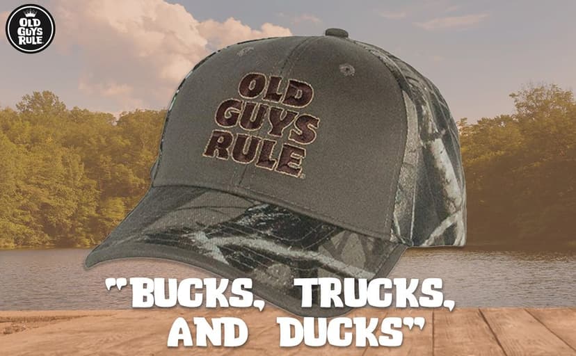 OLD GUYS RULE Men's Baseball Cap, Bucks, Trucks & Ducks - Gift for Dad, Grandpa, Husband, Father's Day, Birthday, Holiday - Funny Novelty Hat for Hunting Season, Outdoorsmen, Camping, Hunters (Camo)