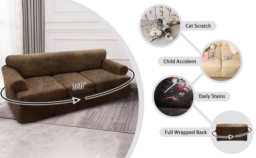 Pfrstuv 4-Piece T Couch Cover - Leather Look Slipcovers for 3 Cushion Sofa, Brown