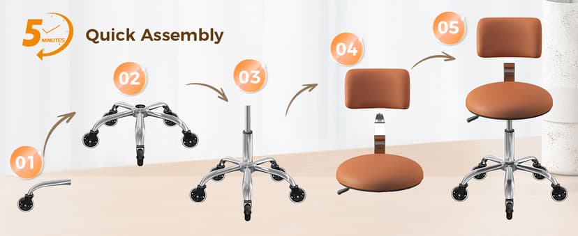 Rolling Stool Chair with Wheels, Office Drafting Chair with Back Support, Height Adjustable Standing Desk Stool with PU Leather Cushion for Home Office Kitchen Vanity Spa Garage Tattoo Dentist, Camel
