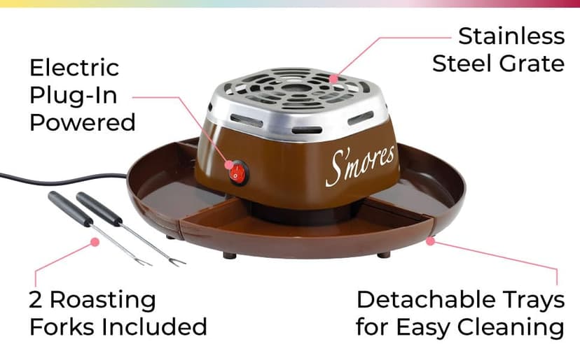 Nostalgia Tabletop Indoor Electric S'mores Maker - Smores Kit With Marshmallow Roasting Sticks and 4 Trays for Graham Crackers, Chocolate, and Marshmallows - Movie Night Supplies - Brown