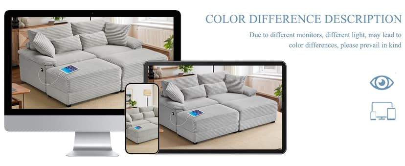 SUNWAVE 74" W Double Chaise Lounge Chair Indoor, Oversized Loveseat with Storage Ottoman, Corduroy Couch with USB Charging, Removable Ottoman, and Coffee Table Cushions for Living Room Bedroom