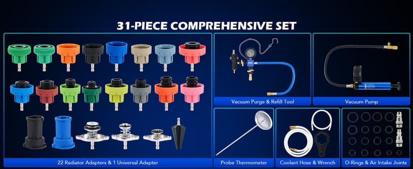Orion Motor Tech Coolant Pressure Tester Kit, 31pc Master Coolant Vacuum Refill Kit with 23 Radiator Adapters, Radiator Cooling System Pressure Tester Kit with Vacuum Pump Vacuum Purge & Refill Tool