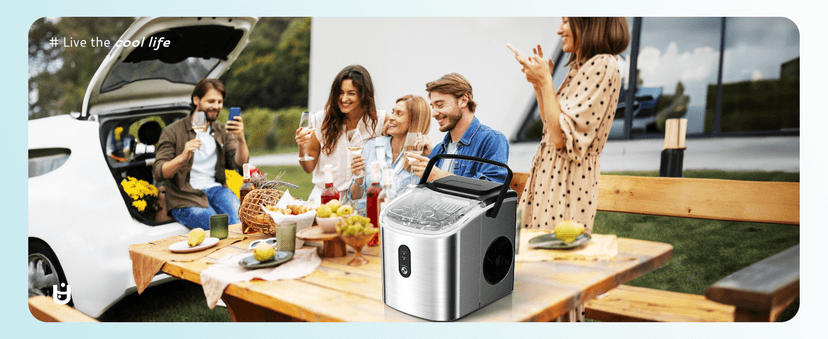 EUHOMY Ice Maker Countertop, Portable Ice Machine with Carry Handle, 26.5lbs Per Day, 9 Cubes in 6 Mins, Auto-Cleaning, with Basket and Scoop, for Home, Kitchen, Camping, RV (Silver)