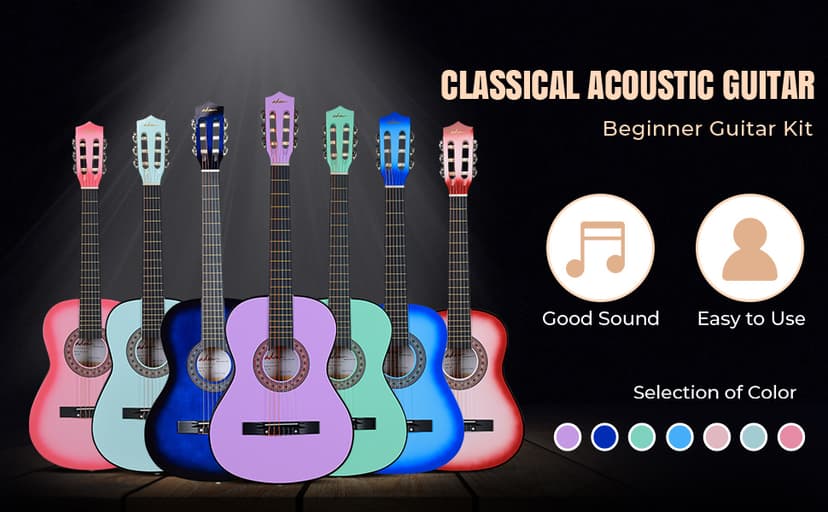 ADM Beginner Acoustic Classical Guitar 38 Inch Nylon Strings Wooden Guitar Bundle Kit for Kid Boy Girl Student Youth Guitarra Online Lessons with Gig Bag, Strap, Tuner, Strings, Purple