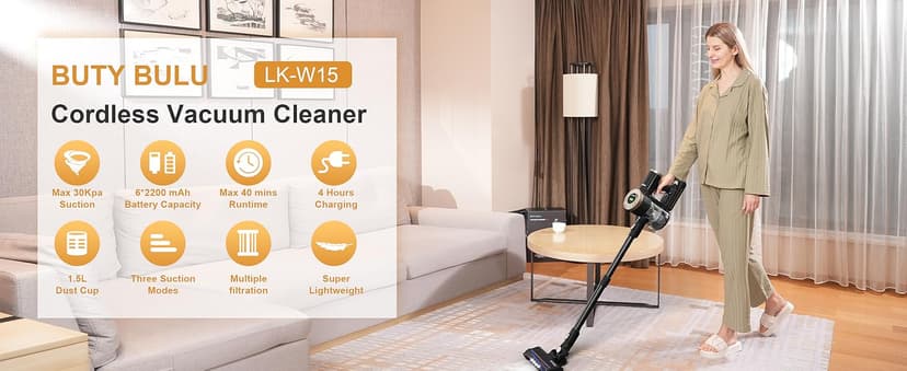 BUTY BULU Cordless Stick Vacuum Cleaner, 30KPa Handheld 2200mAh Rechargeable Battery Lightweight Small Vac Electirc Broom, 40Mins Runtime for Home Hard Floor Carpet Pet Hair Cleaning, LED Screen