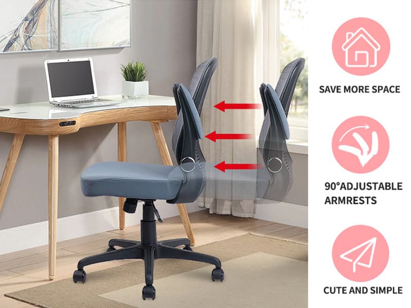 CLATINA Desk Chairs with Wheels, Flip Up Arms Ergonomic Mesh Back Office Chair with Lumbar Support, Adjustable Height Swivel Rolling Computer Task Chairs for School Conference Room Home Study, Grey