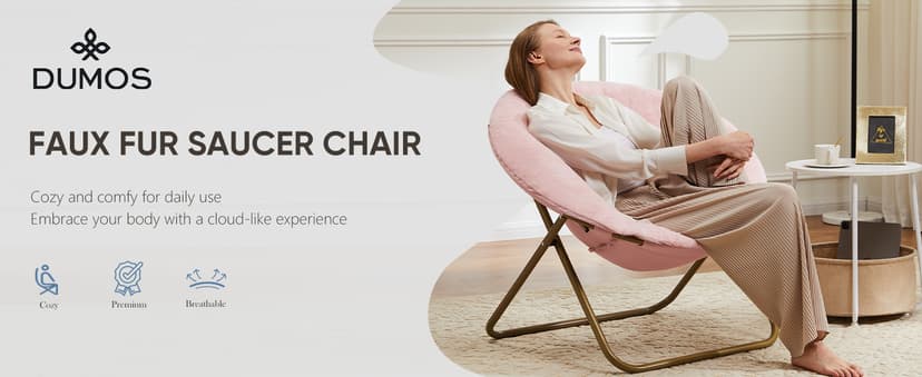 DUMOS Comfy Saucer Chair, Faux Fur Lounge Seasting XL Circle Chair for Bedroom, Dorm & Gaming, Foldable Fashion Accent Seat for Small Spaces, Folding Moon/Mushroom/Round Oversized Style