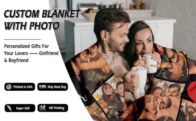 Ships Next Day Custom Blanket with Picture Text Personalized Throw Blanket Photo Collage Blankets Customized Birthday Gifts for Couple Girlfriend Boyfriend Family Kids Friends Pet B0DGFW5HP4