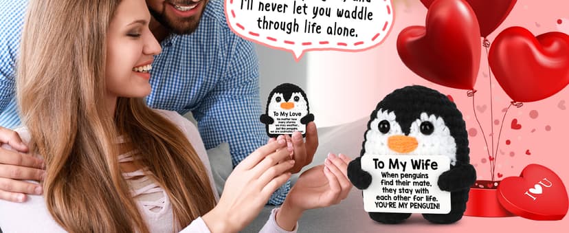 Gifts for Her Wife from Husband Birthday Christmas, To My Wife Handmade Crochet Emotional Mini Funny Penguin, Romantic Wedding Anniversary Valentines Gifts for Women Her, Small Cute Love Sign Decor