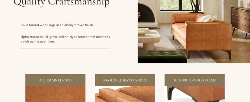 POLY & BARK Argan 93” Leather Sofa – Full-Grain Italian Aniline Leather, Feather-Down Comfort, Solid Wood Frame – Cognac Tan