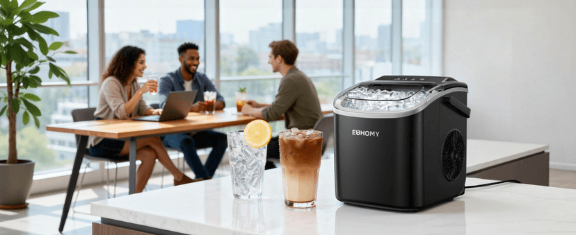EUHOMY Countertop Ice Maker Machine with Handle, 26lbs in 24Hrs, 9 Ice Cubes Ready in 6 Mins, Auto-Cleaning Portable Ice Maker with Basket and Scoop, for Home/Kitchen/Camping/RV. (Black)