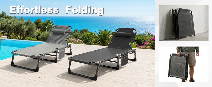 ABORON Heavy Duty Tanning Chair,Outdoor 5-Position Folding Chaise Lounge Chair with Pad,Portable Beach Lounge Chair for Outdoor Sunbathing Patio Pool Lawn Deck Poolside