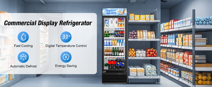 Commercial Beverage Refrigerator, 24 Inch Beverage Fridge, 15 Cu. Ft. Drink Fridge, Display Refrigerator Glass Door, Commercial Display Fridge with Customizable Light Box for Shops, Restaurants, Bars