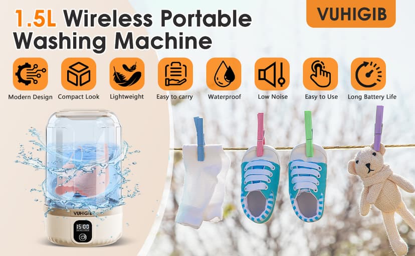 Portable Washing Machine, 7000mAh Rechargeable Wireless Washer with 10 PCS Clothespins Deep Cleans Baby Clothes Underwear Socks Delicates 1.5L Mini Washer for Travel Camping Dorm RV Apartment (Khaki)