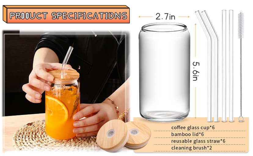 Glass Cups with Lids and Straws 6 pcs, 16 oz-DWTS Cute Tumbler,Beer Drinking Glasses,Clear for Iced Coffee, Tea with Bamboo Lids for Gifts