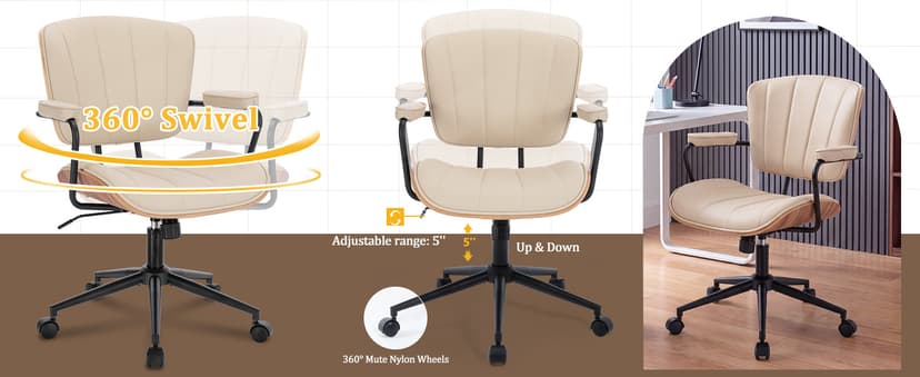 Mid Century Modern Office Chair, Fixed Back Rolling Desk Chair with Armrests and Walnut Back, Adjustable Height for Home Office, Beige