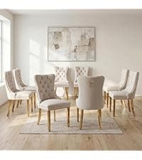 OVENTA Modern Armless Dining Chairs Set of 4, Mid-Century Contemporary Side Chairs with Solid Rubber Wood Legs, Beige Upholstered Fabric Accent Chairs for Dining Room, Kitchen, Living Room