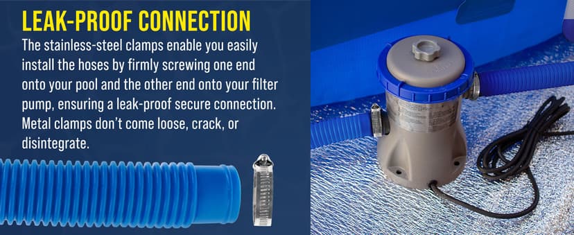 U.S. Pool Supply Above Ground Pool Hose Replacement 1.25" Diameter x 59" Long, Pack of 3 - Blue Premium Pool Filter Pump Hoses Compatible with Intex 607, 637 Pumps, 330, 530, 1000 GPH - 6 Metal Clamps