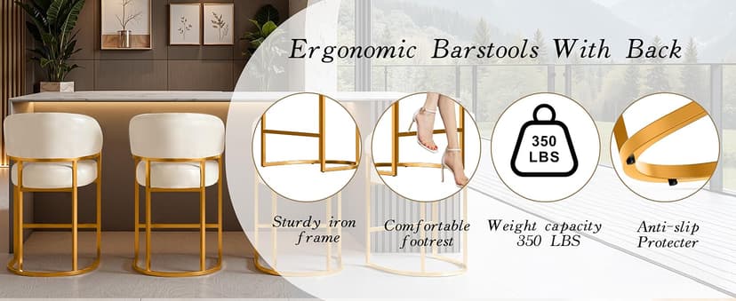Modern Counter Height Bar Stools,Bar Stools Set of 3,PU Leather Upholstered Barrel Barstools with Backs,26" Kitchen Island Chairs,Metal Gold Frames,Beige White Leather