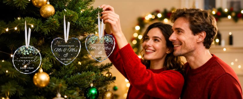 First Christmas Married Ornament, Personalized Wedding Gifts for Couple, Mr and Mrs Gift, Bridal Shower Gifts, Just Married for Newlywed Couples, Bride, Crystal Glass Wedding Christmas Ornaments 2025