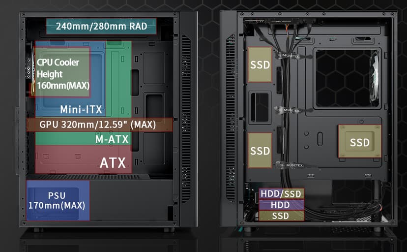 MUSETEX ATX PC Case Pre-Install 6 PWM ARGB Fans, Polygonal Mesh Computer Gaming Case, Opening Tempered Glass Side Panel Mid-Tower Case, USB 3.0 x 2, Black, NN8