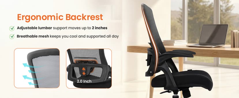 NEO CHAIR Office Desk Gaming Chair Computer High Back Mesh Seat with Rolling Wheels Ergonomic Adjustable Comfy Flip-up Armrests Lumbar Support Height for Home (Black)