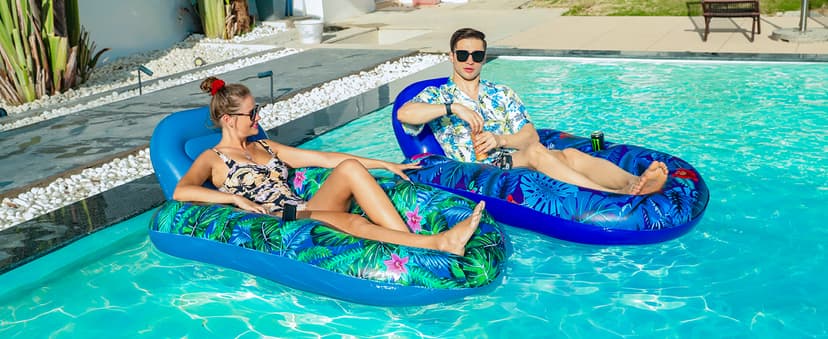 FindUWill Pool Floats Chairs Adult - 2 Pack 65'' x 42'' Large Pool Float Chairs, Inflatable Pool Lounger with Cup Phone Holder, Backrest, Footrest, Tanning Pool Lounge
