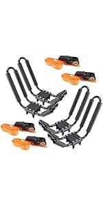 Kayak Roof Rack 2 Pairs Heavy Duty J-Bar Carrier Holder for Canoe, SUV, Cars, Truck, Surf Ski, Tie-Mount on Car Roof Top Crossbar for Trip - Includes 8 Pcs Ratchet, Set of 4