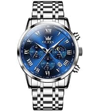 OLEVS Men's Stainless Steel Watch, Large Face Roman Numerals Diamond Accented Three-Hand Analog Quartz Watches for Men, Easy to Read Day Date Waterproof Luminous Mens Wristwatch