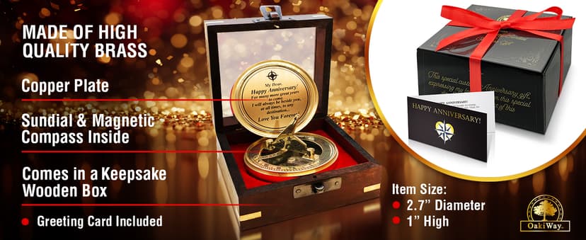 OakiWay Anniversary Sundial Compass Gift for Him or Her - Unique Gift Ideas for Husband or Wife, Men Wedding Anniversary 50th 40th 25th 20th Year Celebration, Gift Card Included