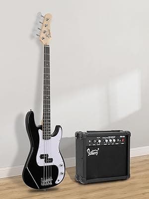 GLARRY Full Size Electric Bass Guitar Beginner Kit 4 String Exquisite Basswood Bass with 20W AMP, Cable, Strap, Bag and Accessories (Black, 39"Right Handed)