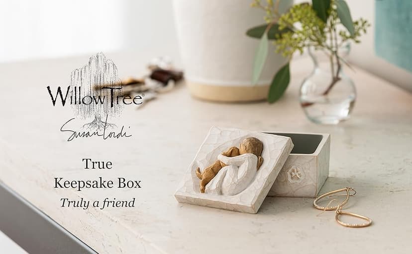 Willow Tree True, Truly a Friend, Box for Jewelry and Treasures with Bas-Relief Carving of Girl with Puppy Dog, Sculpted Hand-Painted Keepsake Box