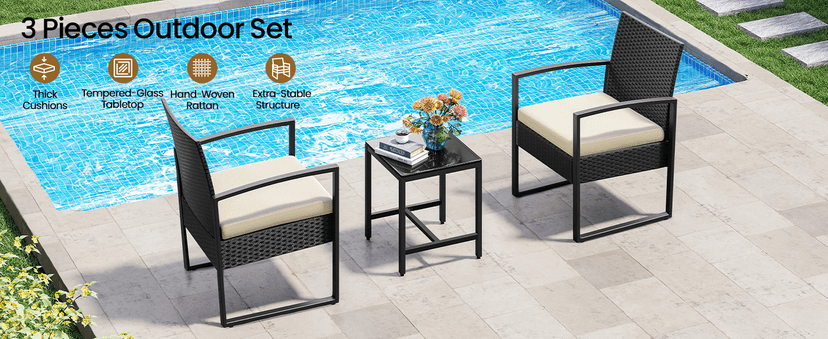 Yaheetech 3 Pieces Rattan Bistro Set, Outdoor Wicker Patio Modern Conversation Furniture, 2 Chairs & Tempered Glass Coffee Table for Garden, Balcony, Backyard, Poolside, Black/Beige