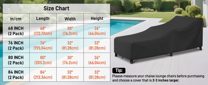 Arcedo Patio Chaise Lounge Cover Water Resistant, 2 Pack of Pool Lounge Chair Covers for Outside Stackable Cushions and Outdoor Furniture, 80" x 30" x 26" H, Black