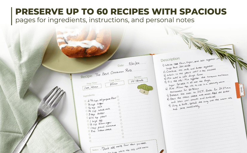 Blank Recipe Notebook | Small Blank Recipe Book to Write in Your Own Recipes | Artisan Hardcover Journal for 60 Recipes | 8.4” x 6” Leather Sage Green & Gold Hardcover | Tabs, Stickers, Pocket & Bookmarks B0D9KZP8TG