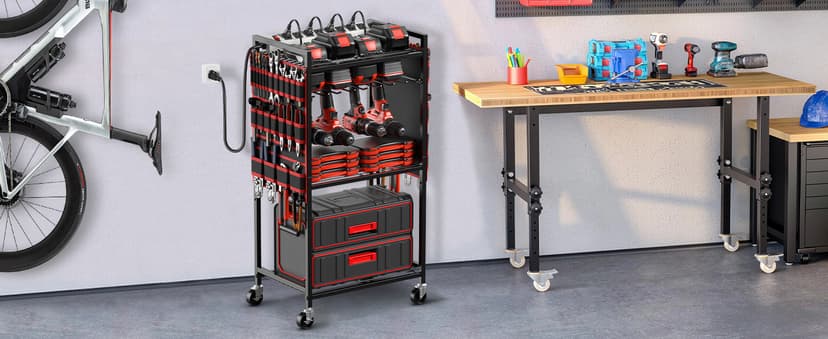 Floor Standing, Large Garage Rolling Storage Cart on Wheels, Heavy Duty Drill Battery Storage Rack, with 8 Outlet Power Strip JUNNUJ Power Tool Organizer Cart with Charging Station, 6 FT Cord, Red B0D1QVKWGH