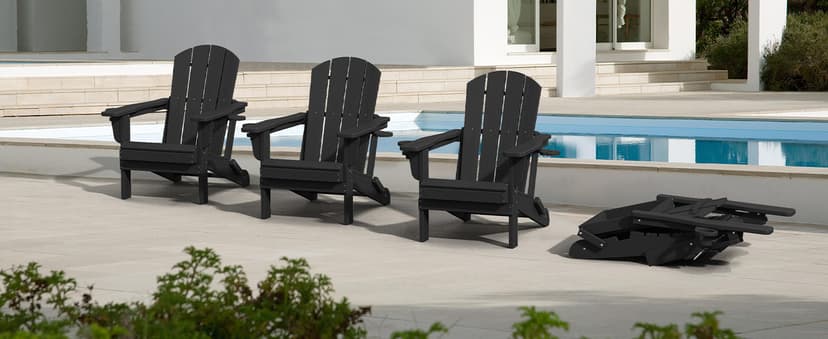 SERWALL HDPE Folding Adirondack Chair with Dual Cup Holder - Composite Adirondack Chair Set of 4- Black