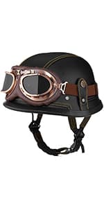 Yesmotor Motorcycle Half Helmet Retro German Handmade Leather Half Face Quick Release Buckle & Goggles - DOT Approved (Dark Brown, L)