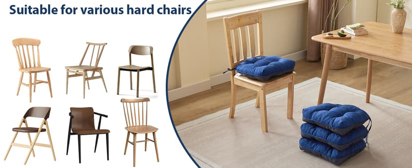 IASEAHK Chair Cushions for Dining Chairs, Seat Cushions for Kitchen Chairs, Indoor Seat Cushions with Ties, Tufted Foam Chair Pads, Non Slip Chair Cushions Set of 4, 15.5" x 15.5" x 4", Navy Blue
