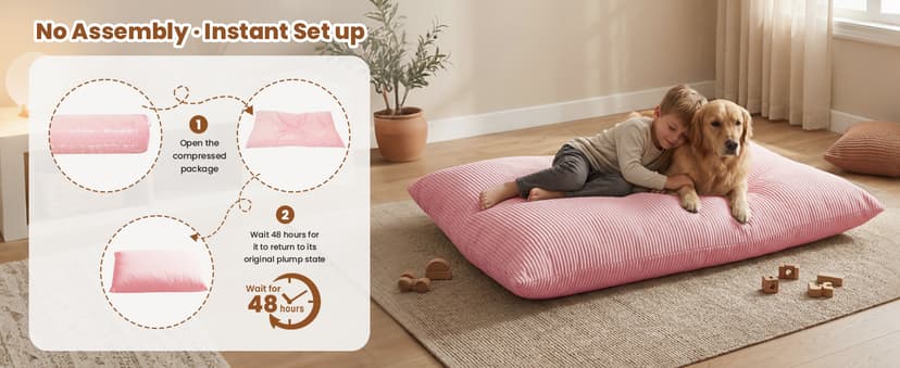 3 in 1 Kids Bean Bag Chair Bed for Kids or Adults, Convertible Chair Folds from Bean Bag Sofa to Lounger, Child Floor Sofa for Gaming, Reading, Floor Mattress with High-Density Foam (Pink)