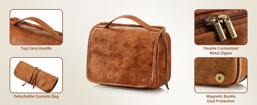 Elviros Hanging Toiletry Bag for Men Travel Essentials 3-in-1 Large Waterproof Dopp Kit PU Leather Shaving Bag with Separate Compartments for Grooming and Toiletries Mens Gift