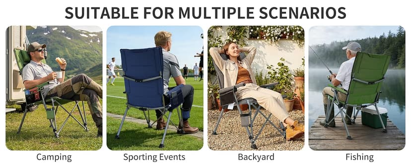 Folding Camping Chair with Cup Holder and Storage Bag, Heavy Duty Support 400 LBS, Oversized Collapsible Portable Adjustable Back Support Camping Chair for Outdoor Lawn Patio Balcony