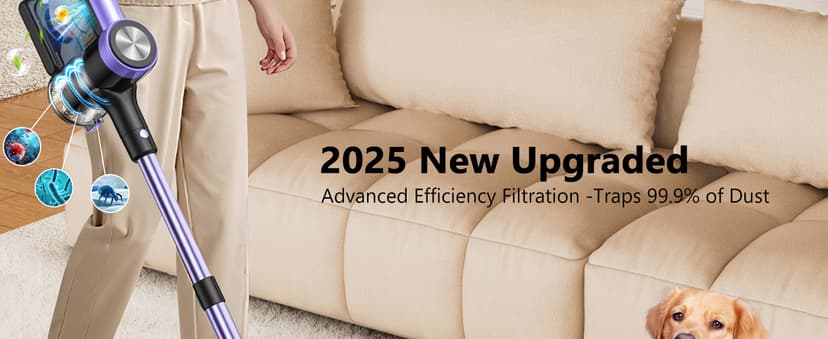 Cordless Vacuum Cleaner, 46KPa/500W Stick Vacuum with 55 Mins Runtime, Self-Standing Vacuum Cleaner for Home, LED Display, Anti-Tangle Brush, Rechargeable Vacuum for Hardwood Floor, Pet Hair (Violet)