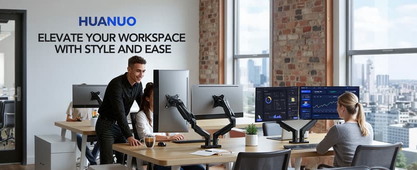 HUANUO FlowLift™ Dual Monitor Stand, Fully Adjustable Gaming Monitor Desk Mount for 13–32″ Computer Screens, Full Motion VESA 75x75/100x100 with C-Clamp & Grommet Base, Each Arm Holds 4.4 to 19.8 lbs