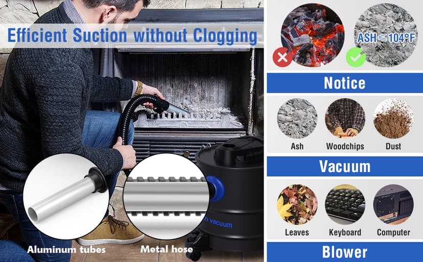 Oragerju Ash Vacuum, Pellet Stove Vacuum Cleaner, 5.3 Gallon, 20kPa, 1200W Powerful Motor with Blower Function, On Wheels and HEPA Filter, The Ash Vacuum for Pellet Stoves & Wood Stoves