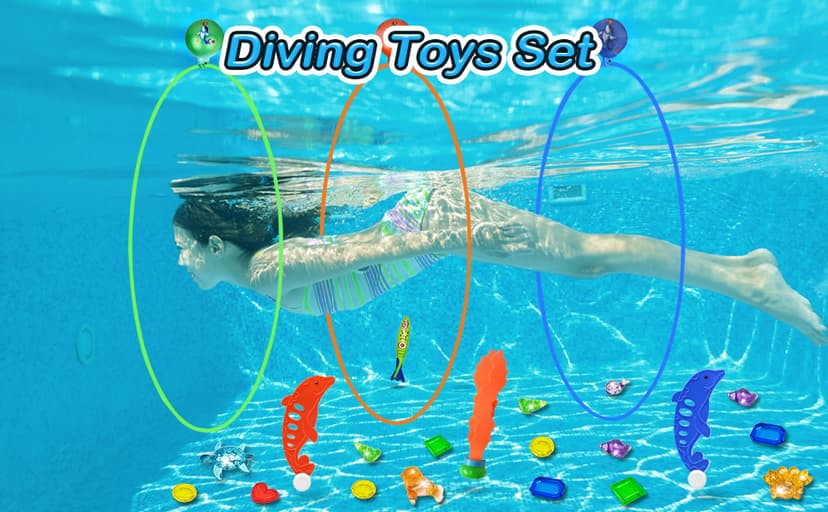 Jasonwell Pool Toys Diving Rings - 28PCS Swim Thru Rings Pool Game Diving Toys with Dive Ring Underwater Treasures Torpedo Bandits Fish Toy Fun Water Swimming Toy for Boys Girls Kids Teens Adults