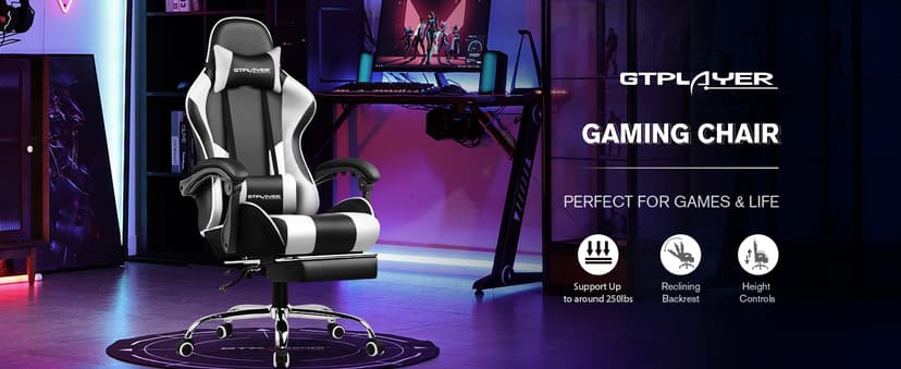GTPLAYER Gaming Chair, Computer Chair with Footrest and Lumbar Support, Height Adjustable Game Chair with 360°-Swivel Seat and Headrest and for Office or Gaming (White)